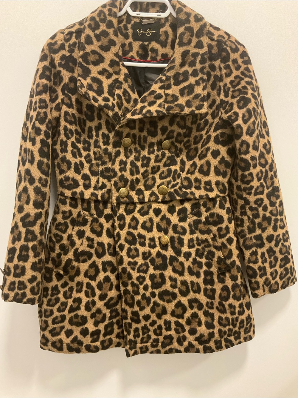 Jessica Simpson Girls' Leopard Print Double-Breasted Peacoat - Brown/Black